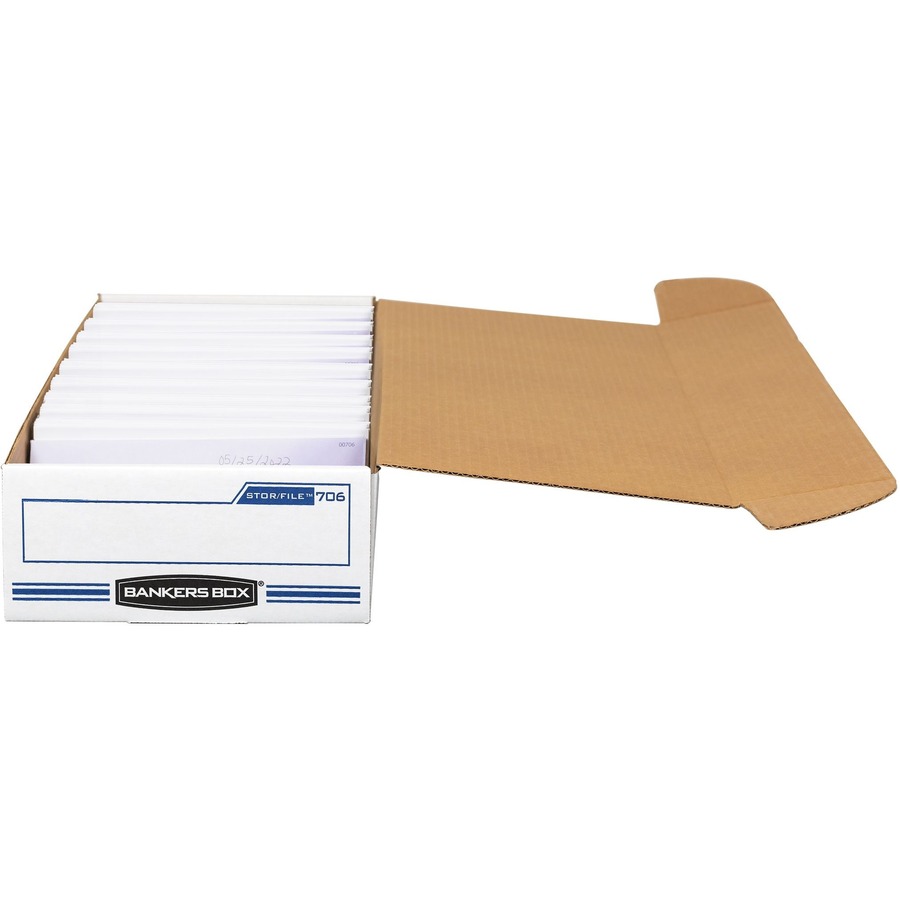 Bankers Box STOR/FILE Check Storage Boxes - Internal Dimensions: 9" Width x 24" Depth x 4" Height - External Dimensions: 9.3" Width x 25" Depth x 4.1" Height - 650 lb - Flip Top Closure - Light Duty - Stackable - White, Blue - For File, Check, Deposit Sli