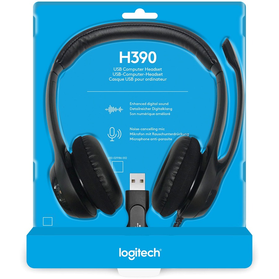 Logitech Padded H390 USB Headset - Stereo - USB - Wired - 20 Hz - 20 kHz - Over-the-head - Binaural - Circumaural - 8 ft Cable - Noise Cancelling Microphone - Black, Silver - PC Headsets & Accessories - LOG981000014