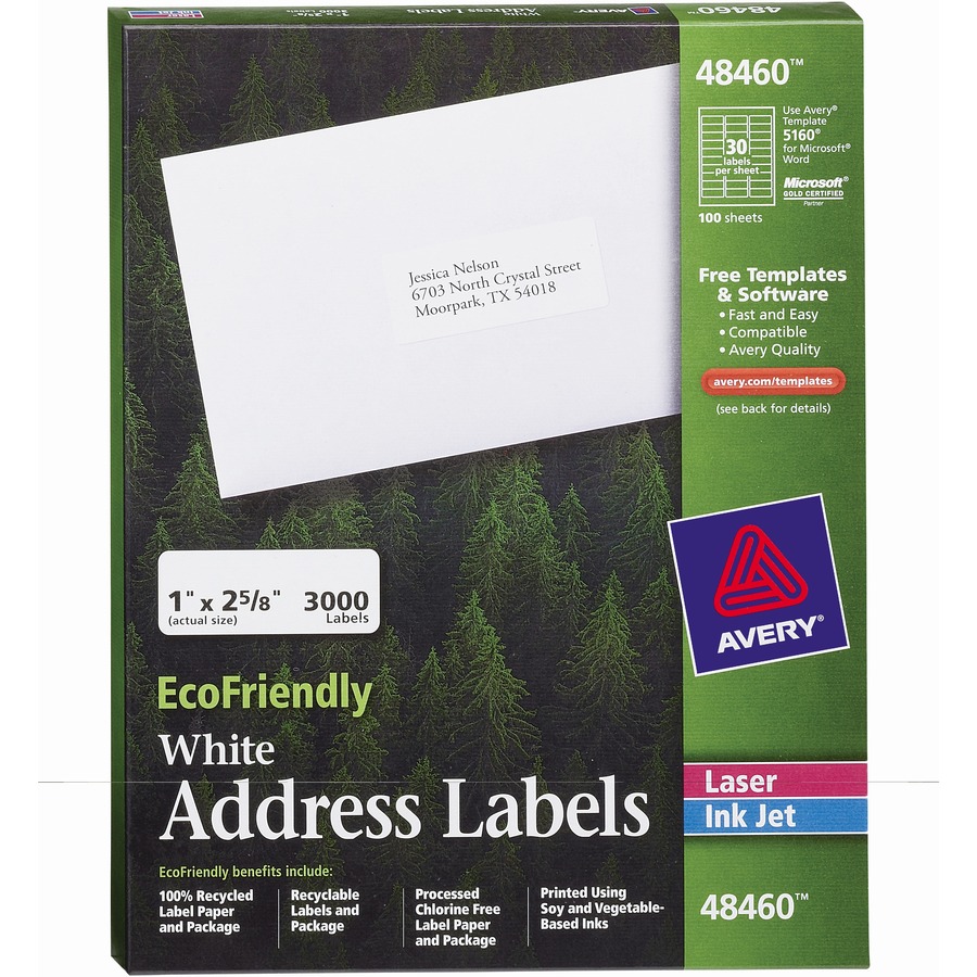 Avery® EcoFriendly Address Labels - 1" Width x 2 5/8" Length - Permanent Adhesive - Rectangle - Laser, Inkjet - White - Paper - 30 / Sheet - 100 Total Sheets - 3000 Total Label(s) - 3000 / Box = AVE48460