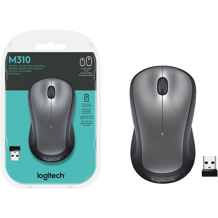 Logitech M310 Wireless Mouse - Laser - Wireless - Radio Frequency - 2.40 GHz - Silver - 1 Pack - USB - 1000 dpi - Scroll Wheel - 3 Button(s) - Symmetrical - Mice - LOG910001675