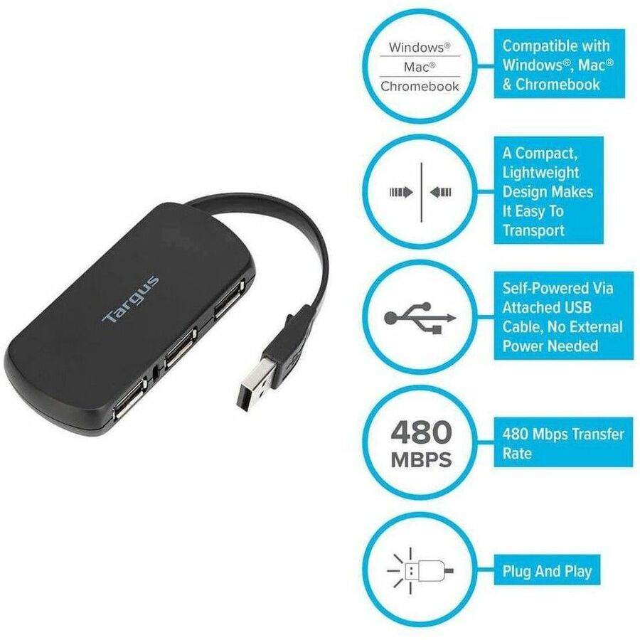 Targus ACH114US 4-Port USB Hub - USB Type A - 4 USB Port(s) - 4 USB 2.0 Port(s) - PC, Mac