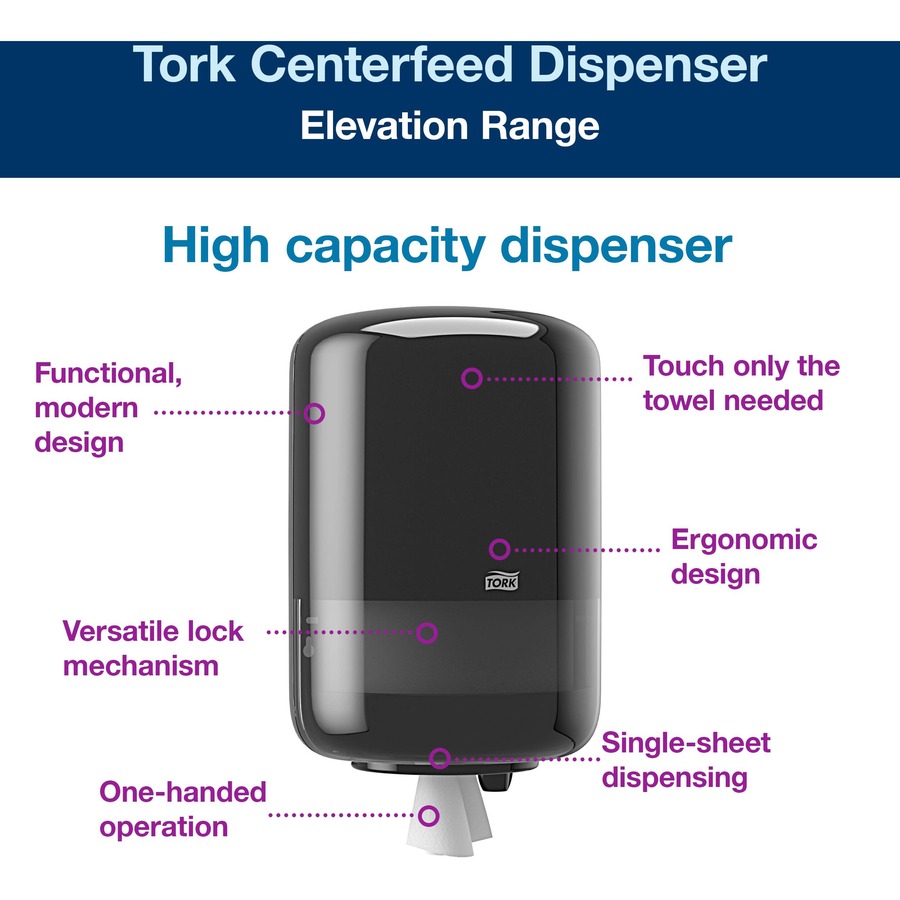 Tork 559028A Elevation Hand Towel Centerfeed Pro Dispenser - Roll Dispenser - 14.40" (365.76 mm) Height x 9.40" (238.76 mm) Width x 9" (228.60 mm) Depth - Plastic - Black - Paper Towel Dispensers - TRK559028A