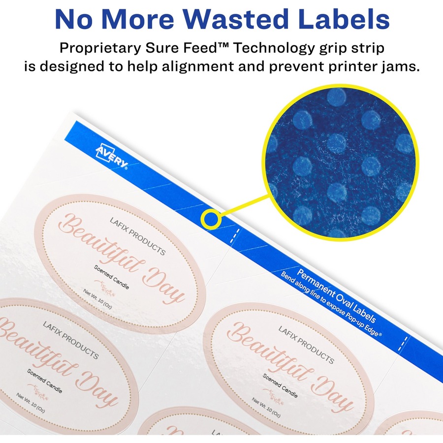 Avery® Glossy White Labels - Sure Feed Technology - 2 1/2" Width x 1 1/2" Length - Permanent Adhesive - Oval - Laser, Inkjet - White - Paper - 18 / Sheet - 10 Total Sheets - 180 Total Label(s) = AVE22804