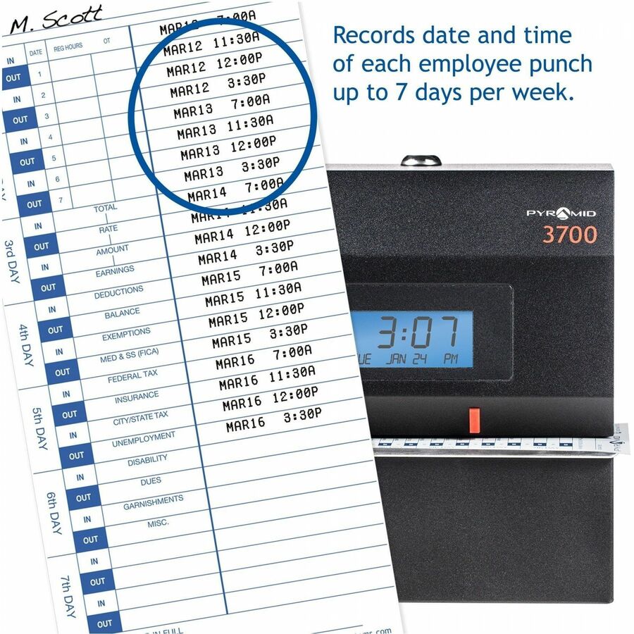 Pyramid Time Systems 3700 Heavy-duty Electric Time Clock - Card Punch/StampUnlimited Employees - Digital - Date, Time, Year Record Time - Time Clocks & Recorders - PTI3700