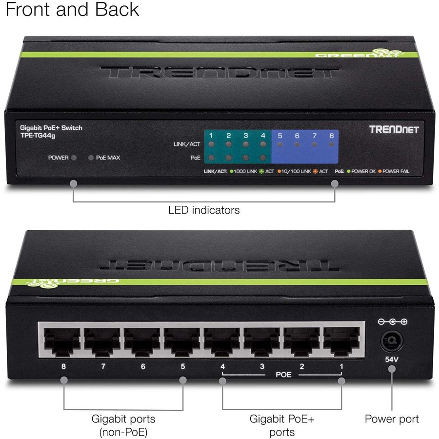 TRENDnet 8-Port Gigabit GREENnet PoE+ Switch, 4 x Gigabit PoE-PoE+ Ports, 4 x Gigabit Ports, 61W Power Budget, 16 Gbps Switch Capacity, Ethernet Unmanaged Switch, Lifetime Protection, Black, TPE-TG44G