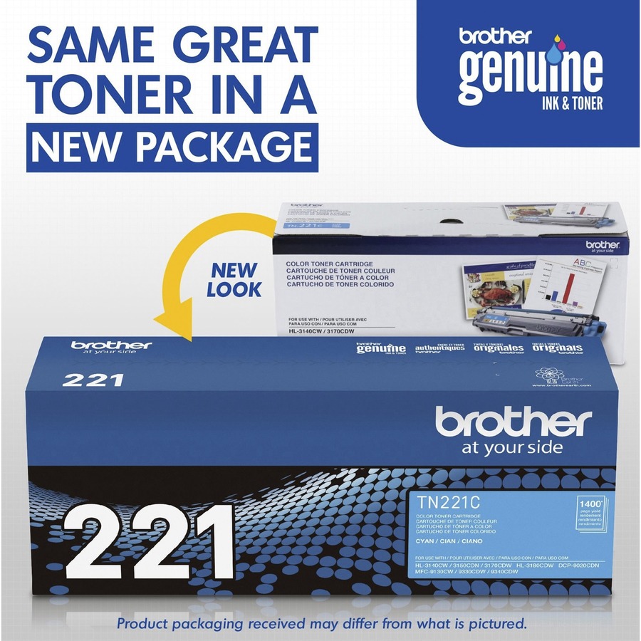 Brother Genuine TN221C Cyan Toner Cartridge - Laser - Standard Yield - 1400 Pages - Cyan - 1 Each