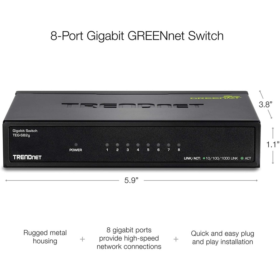 TRENDnet 8-Port Gigabit GREENnet Switch, Ethernet Network Switch, 8 x 10-100-1000 Mbps Gigabit Ethernet Ports, 16 Gbps Switching Capacity, Metal, Lifetime Protection, Black, TEG-S82G