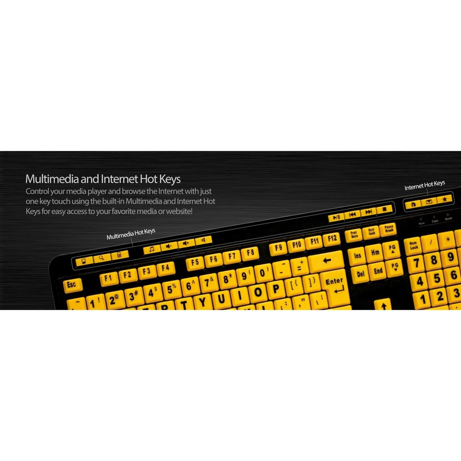 Adesso Luminous 4X Large Print Multimedia Desktop Keyboard - Cable Connectivity - USB Interface - 122 Key Previous Track, Home, Email, Favourites, Volume Down, Volume Up, Search, Back, Forward, Play/Pause, Close, ... Hot Key(s) - English (US) - Computer - - Keyboards - ADEAKB132UY