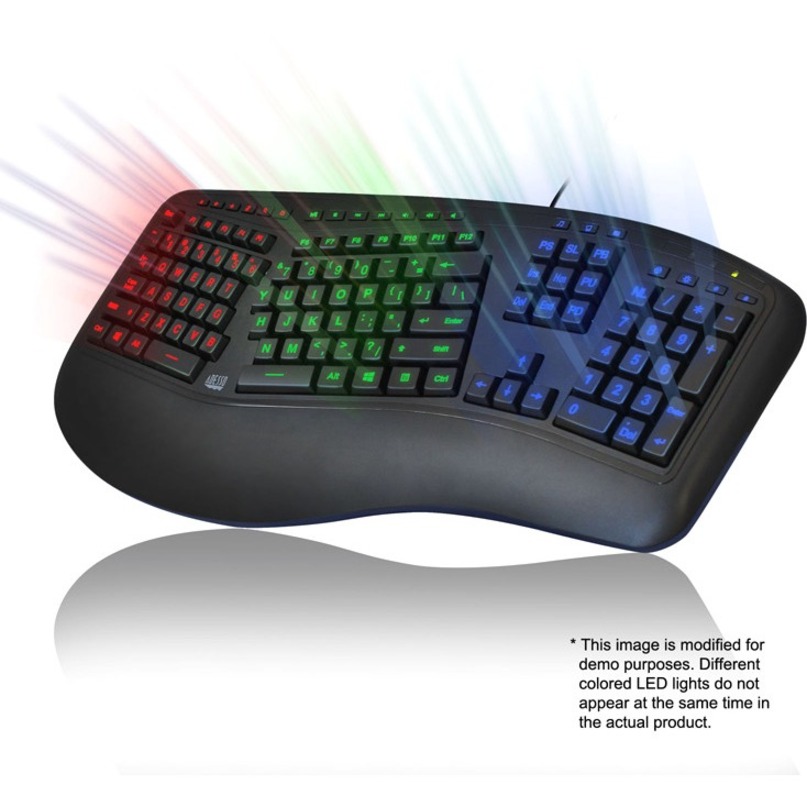 Adesso Color Illuminated Ergonomic Keyboard - Cable Connectivity - USB Interface - 105 Key Media Player, Internet, Multimedia, Play/Pause, Stop, Previous Track, Next Track, Volume Down, Volume Up, Mute, Home Page, ... Hot Key(s) - English (US) - Computer  - Keyboards - ADEAKB150EB