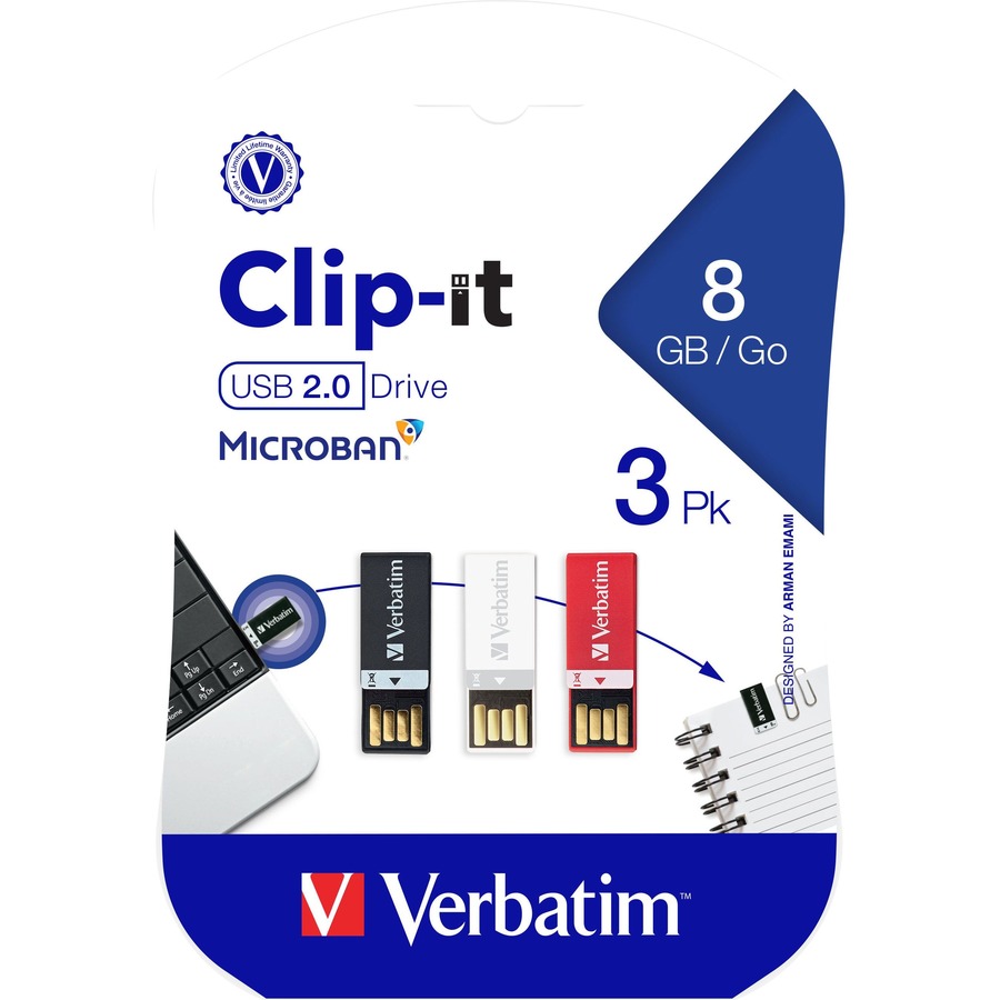 Verbatim 8GB Clip-It USB Flash Drive - 3pk - Black, White, Red - 8 GB - Red, Black, White - 3 Pack"