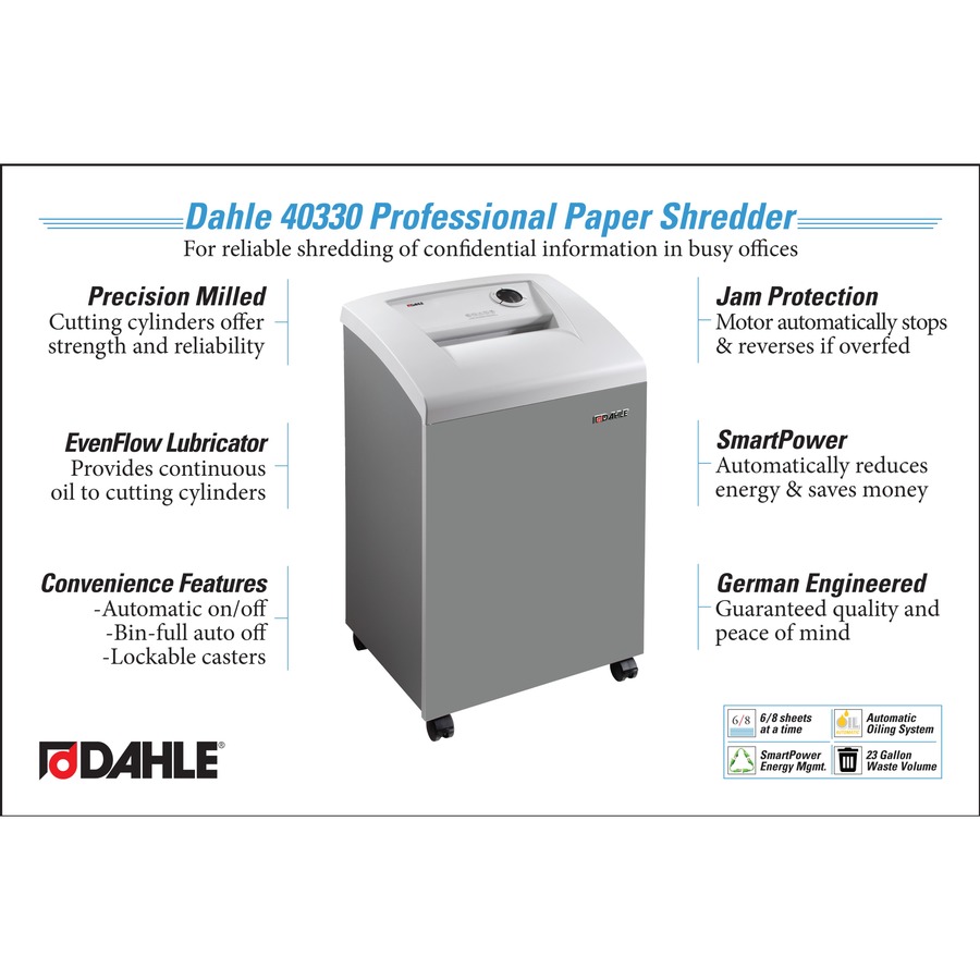 Dahle 40330 Paper Shredder - Non-continuous Shredder - Extreme Cross Cut - 8 Per Pass - 0.031" x 0.438" Shred Size - P-6 - 12 ft/min - 10.25" Throat - 10 Minute Run Time - 20 Minute Cool Down Time - 23 gal Wastebin Capacity - 1416.83 W - Gray