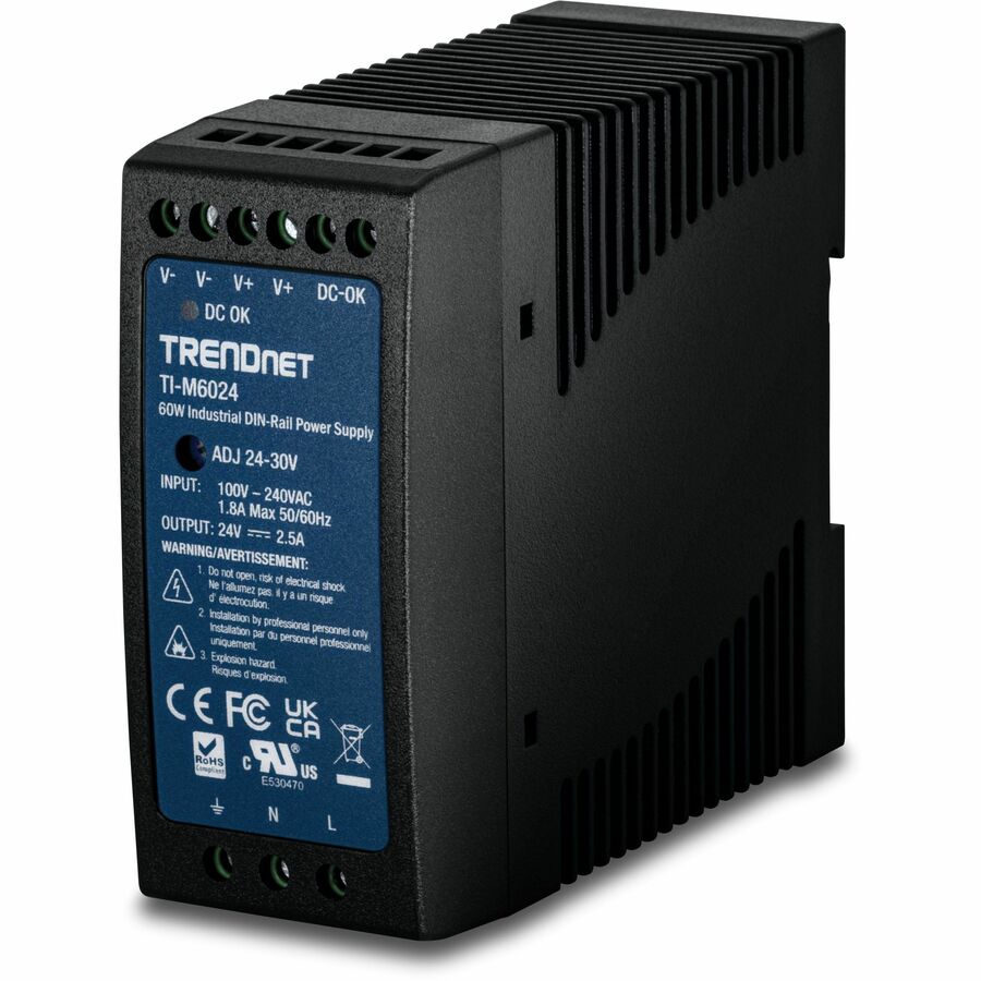 TRENDnet TI-M6024, 60W, 24V DC, 2.5A AC to DC DIN-Rail Power Supply
