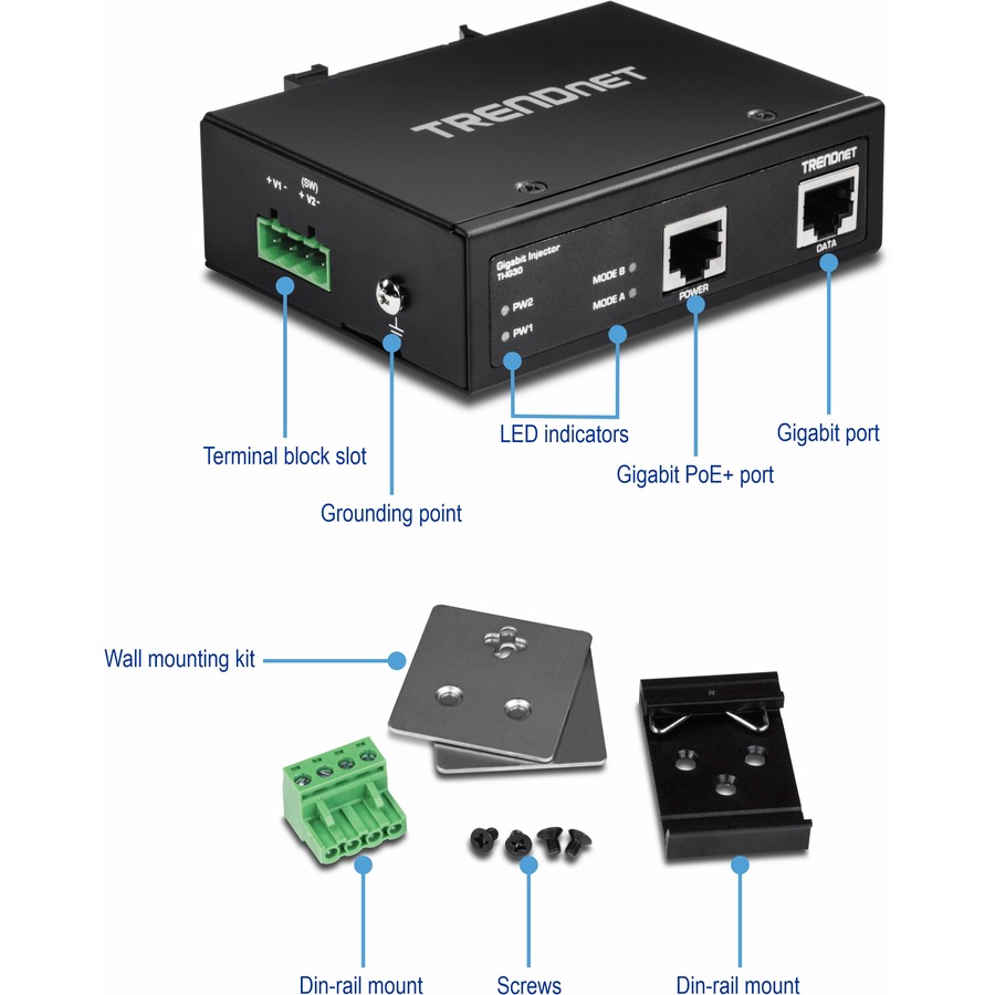 TRENDnet Hardened Industrial Gigabit PoE+ Injector, DIN-Rail, Wall Mount, IP30 Rated Housing, DIN-rail & Wall Mounts Included, TI-IG30