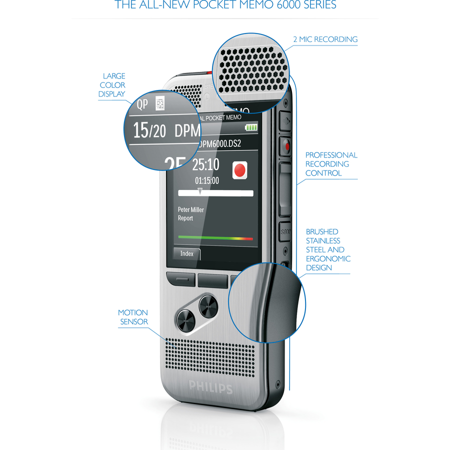 Philips Pocket Memo Voice Recorder (DPM6000/01) - SD, SDHC Supported - 2.4" LCD - MP3, DSS, WAV - Headphone - 700 HourspeaceRecording Time - Portable - Digital Recorders - PSPDPM600001