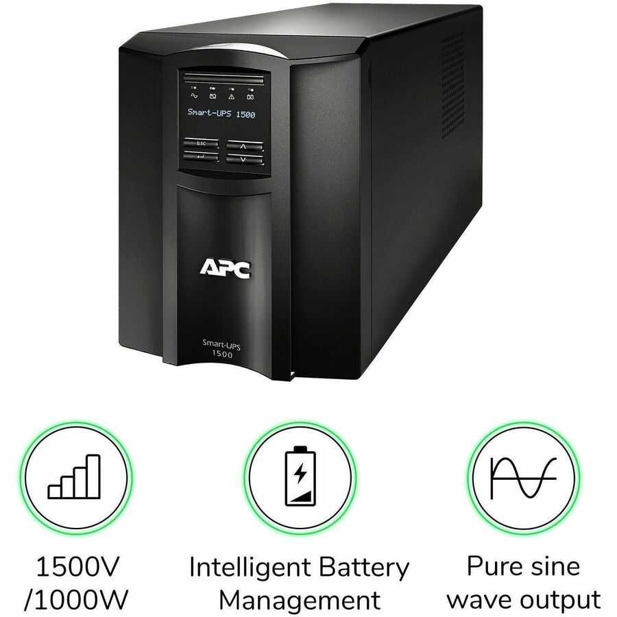 APC Smart-UPS, Line Interactive, 1500VA, Tower, 120V, 8x NEMA 5-15R outlets, SmartConnect Port+SmartSlot, AVR, LCD