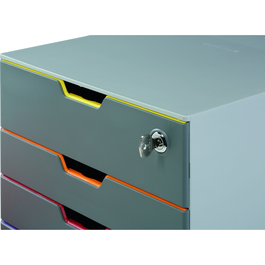 DBL760627 - Drawer Box features a stylish design with sleek contours for an attractive addition to any desk. Each drawer is colored in a different color to aid document organization. Skid-proof, plastic feet prevent sliding on smooth surfaces. The top, lockable drawer allows you to safely store your confidential documents and personal belongings. Its compact size allows it to fit into all standard office cabinets and sideboards. Drawers with drawer stops operate smoothly and silently for easy access to your belongings. Stackable construction allows you to place additional drawer boxes on top for space-saving, desktop organization. Letter-size organizer is perfect for storing office papers, various office supplies, business cards, craft supplies, school supplies, jewelry and more. More from the Manufacturer