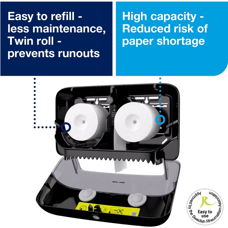 Tork Twin Bath Tissue Roll Dispenser Black T7 - Tork Twin Bath Tissue Roll Dispenser Black T7, Coreless High Capacity, Elevation Range, 5.1" x 14.2" x 8.2" , 473208