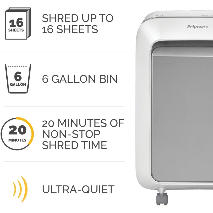 Fellowes Powershred LX210 Micro Cut Shredder - Micro Cut - 16 Per Pass - for shredding Paper, Credit Card, Paper Clip, Staples, Junk Mail - 0.156" x 0.500" Shred Size - P-4 - 7 ft/min - 9" Throat - 20 Minute Run Time - 6 gal Wastebin Capacity - White