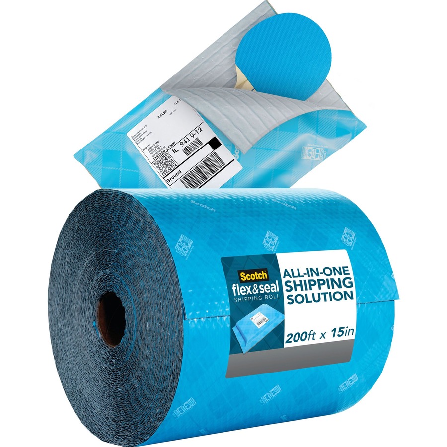 Scotch Flex & Seal Shipping Roll - 15" (381 mm) Width x 200 ft (60960 mm) Length - 130 mil (3.3 mm) Thickness - Durable, Water Resistant, Tear Resistant, Cushioned, Recyclable, Adhesive, Self-stick - Plastic - Blue - Bubble Wraps - MMMFS15200