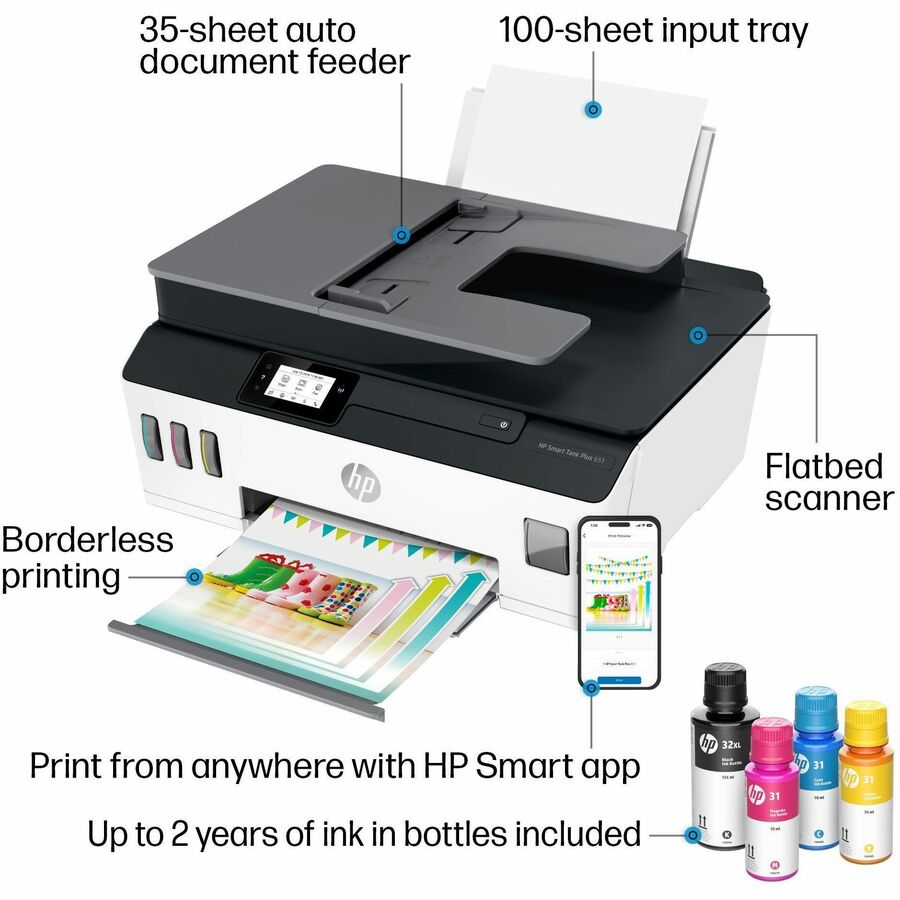 HP 651 Wired & Wireless Smart Tank Plus Inkjet Multifunction Printer - Color