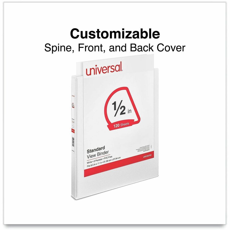 Universal Slant D-Ring View Binder, 3 Rings, 0.5" Capacity, 11 x 8.5, White - 1/2" Binder Capacity - Letter - 8 1/2" x 11" Sheet Size - 120 Sheet Capacity - 3 Ring(s) - Fastener(s): Ring - Pocket(s): 2, Inside Front & Back - Polypropylene - White - Non-st