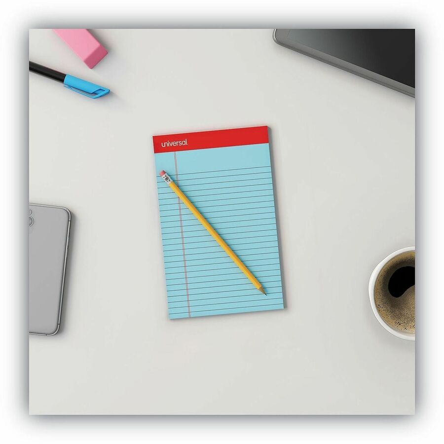 Universal Colored Perforated Ruled Writing Pads, Narrow Rule, 50 Blue 5 x 8 Sheets, Dozen - 1 Subject(s) - 50 Sheets - Tape Bound - Narrow Ruled Front Ruling - 16 lb Basis Weight - 8" Height x 5" Width - Blue Paper - Chipboard Cover - 1 Dozen