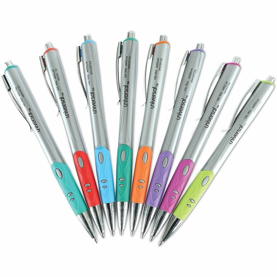 Universal Comfort Grip Gel Pen - 0.7 mm Medium Conical Pen Point - Retractable - Assorted Ink - Water Based - Assorted Barrel - 8 / Pack