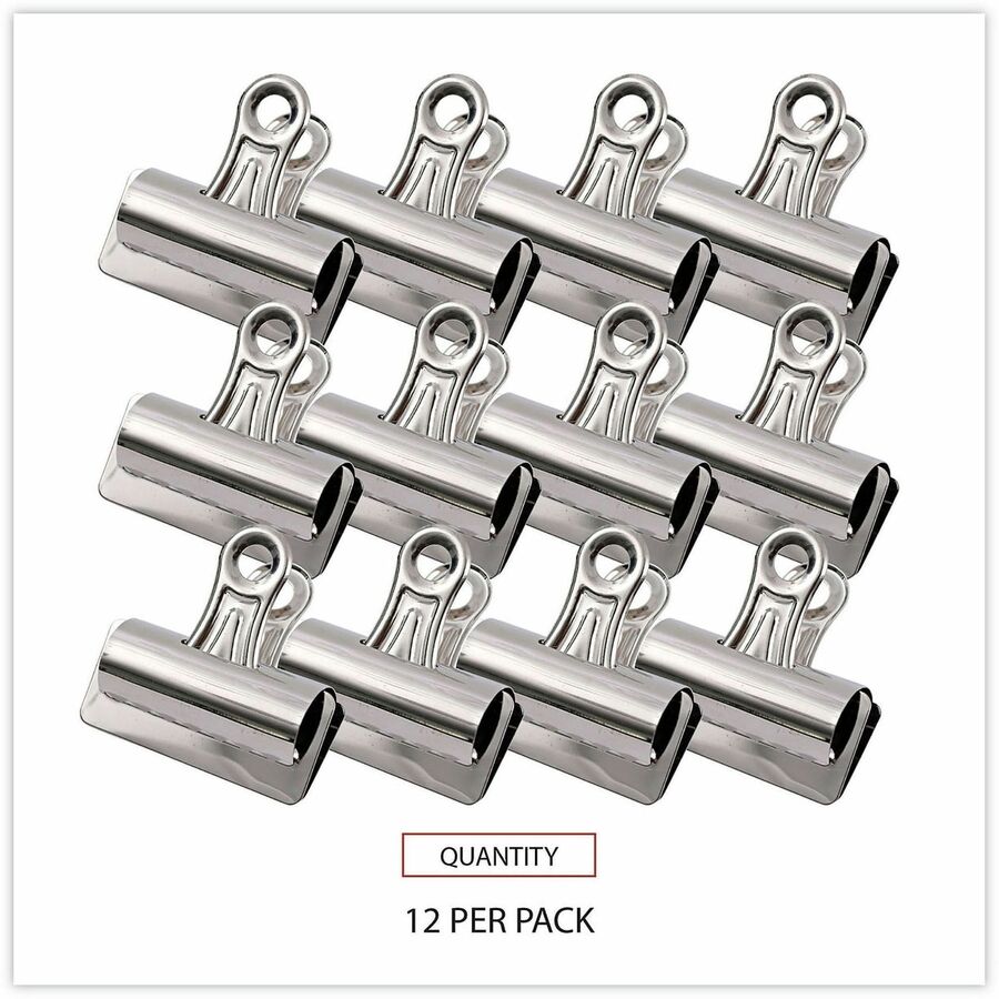 Universal Bulldog Clips, Jumbo, Nickel, 12/Pack - Jumbo - 3" Width - 1" Size Capacity - Nickel - Nickel Plated Steel - 12 / Pack
