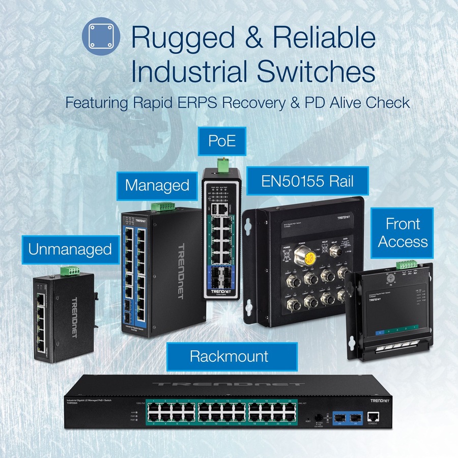 TRENDnet 10-Port Industrial Gigabit PoE+ Wall-Mounted Front Access Switch; TI-PG102F; 8x Gigabit PoE+ Ports; 2 x Gigabit SFP Slots; 240W PoE Budget; DIN-Rail & Wall Mount Brackets Included; IP40 Rated