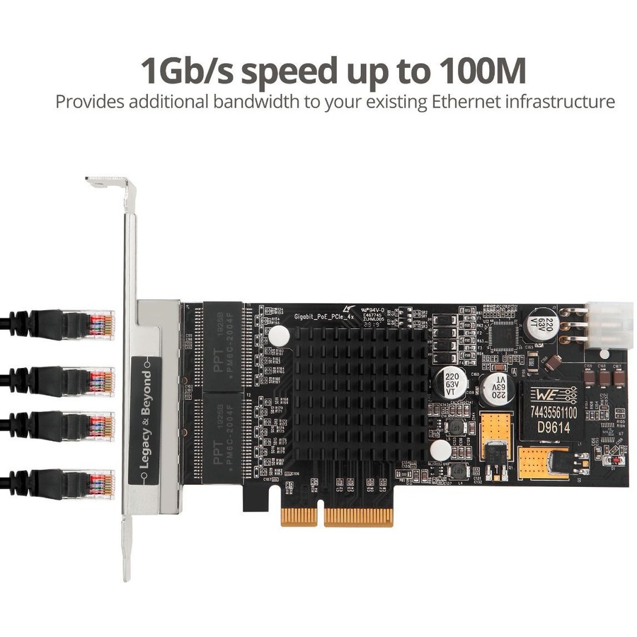 SIIG 4 Port Gigabit Ethernet with POE PCIe Card - Intel 350