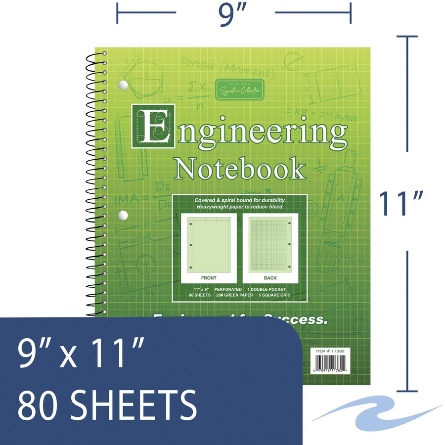 Roaring Spring WB Engineering Book Green 11"x9" - 80 Sheets - 160 Pages - Back Ruling Surface - 3 Hole(s) - 20 lb Basis Weight - Letter - 8 1/2" x 11" - 0.50" x 9" x 11" - Green Tint Paper - Black Binding - Heavyweight Sheet, Printed, Snag Proof, Hole-pun