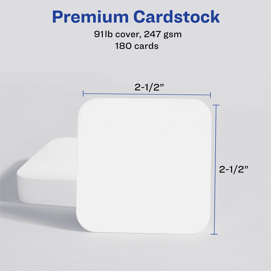 Avery® Clean Edge Square Cards, Rounded Corners, 2.5" x 2.5" (35703) - 145 Brightness - 2 1/2" x 2 1/2" - 90 lb Basis Weight - 247 g/m² Grammage - Matte - 180 / Pack - Printable, Rounded Corner, Die-cut, Smooth Edge, Print-to-the-edge, Perforated