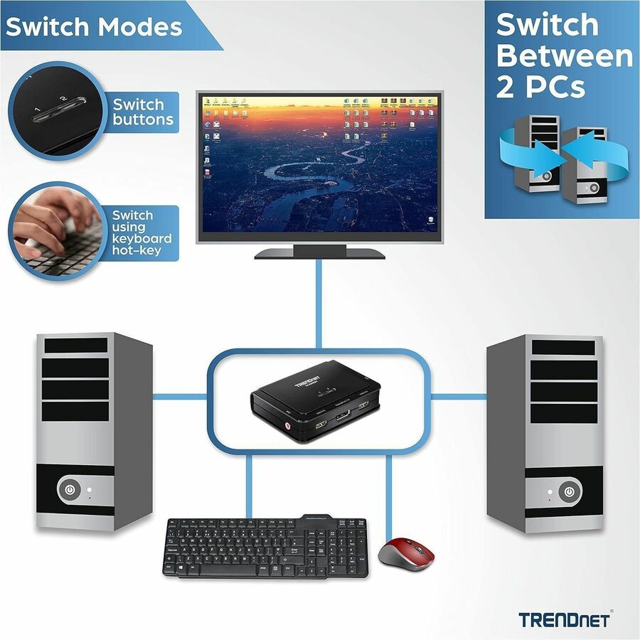TRENDnet 2-Port 4K DisplayPort 1.2 KVM Switch with Audio, 4K UHD (3840 x 2160@60Hz), 3.5mm Speaker/Microphone, USB 2.0, Integrated Cables, Black, TK-220DPI