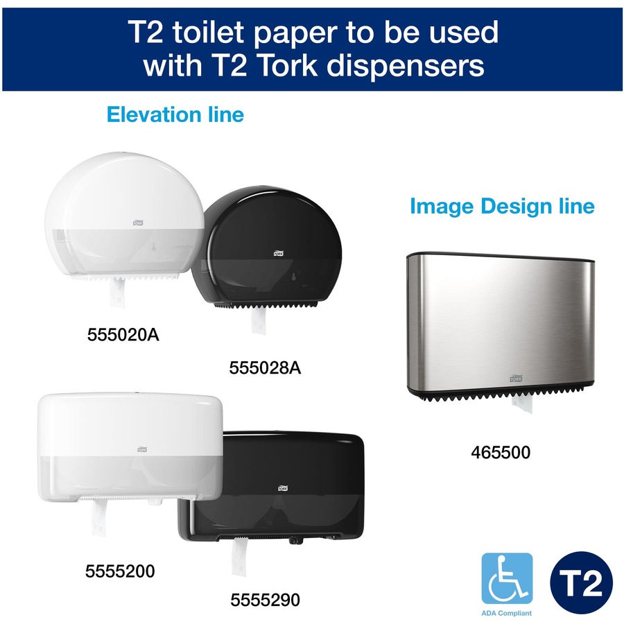 Tork T-Tork Dispenser Jumbo-size Bathroom Tissue Rolls - 2 Ply - 3.6" x 751 ft - 7.36" (186.94 mm) Roll Diameter - White - Fiber - Nonperforated - For Bathroom - 12 / Carton - Bathroom Tissues - TRK12024402