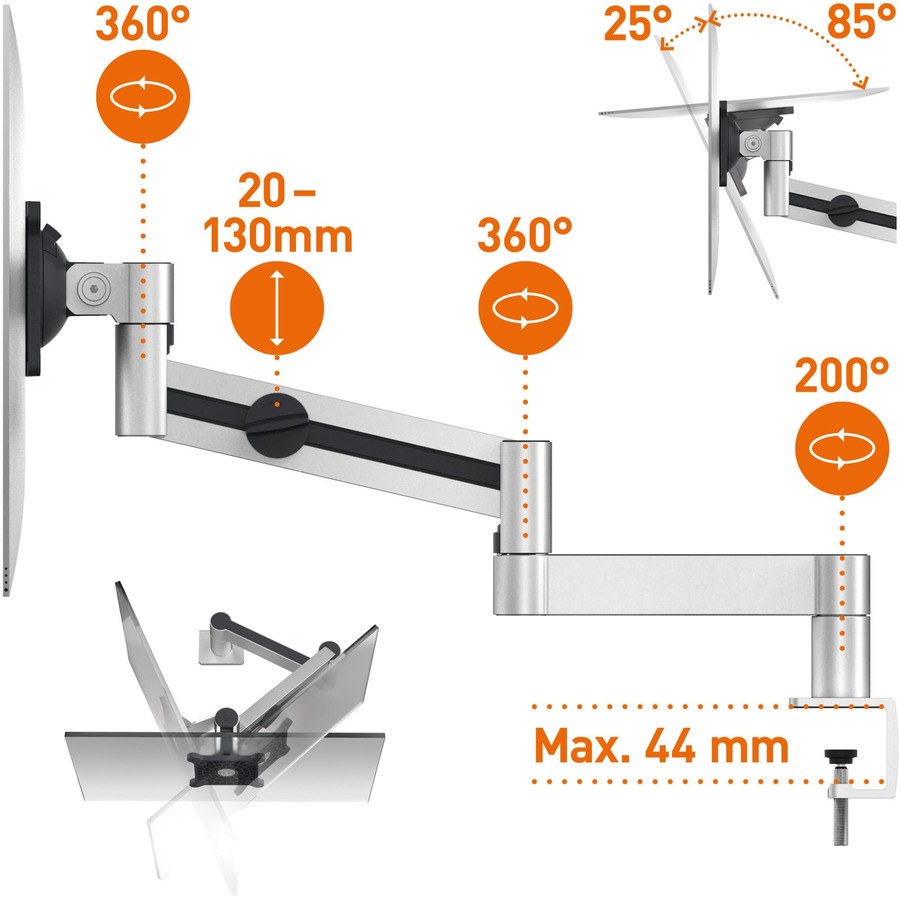 DURABLE Mounting Arm for Monitor - Silver - Height Adjustable - 1 Display(s) Supported - 38" Screen Support - 17.64 lb Load Capacity - 75 x 75, 100 x 100 - Aluminum, Plastic - 1 Each