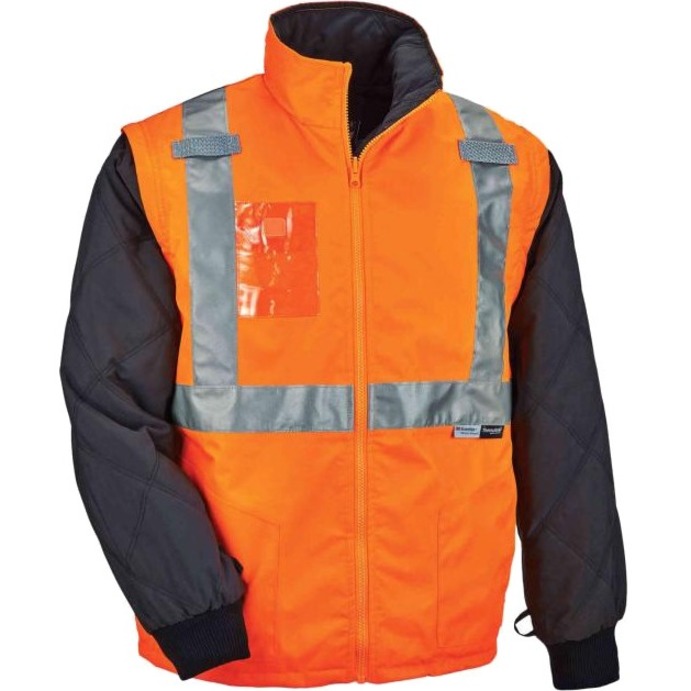 Ergodyne 8388 Type R Class 3/2 Thermal Jacket Kit - 5-Xtra Large Size - Dirt Protection - Zipper Closure - Polyurethane, 300D Oxford Polyester, Thinsulate - Orange - Breathable, Pocket, Front Pocket, Reflective, Mic Tab, Weather Proof, Inset Hood, Cell Ph