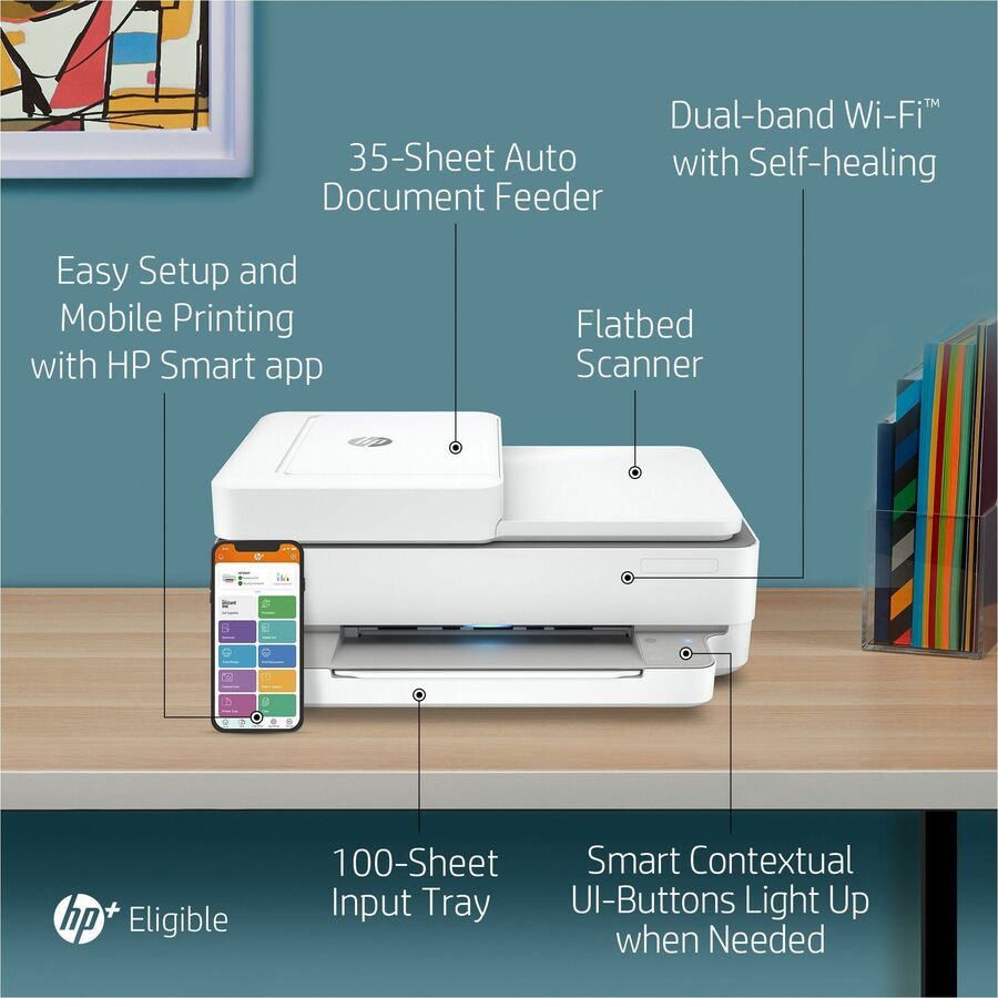 HP Envy 6455e Wireless Inkjet Multifunction Printer - Color - White - Copier/Mobile Fax/Printer/Scanner - 1200 x 1200 dpi Print - Automatic Duplex Print - Up to 1000 Pages Monthly - 100 sheets Input - Color Flatbed Scanner - 1200 dpi Optical Scan - Color 