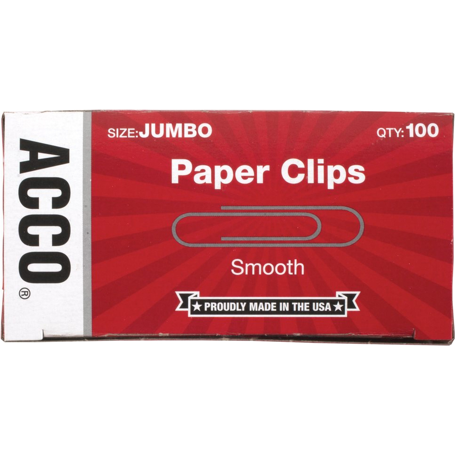 ACCO Economy Jumbo Smooth Paper Clips - Jumbo - No. 1 - 20 Sheet Capacity - Galvanized, Corrosion Resistant - 100 / Box - Silver - Metal, Zinc Plated = ACC72580