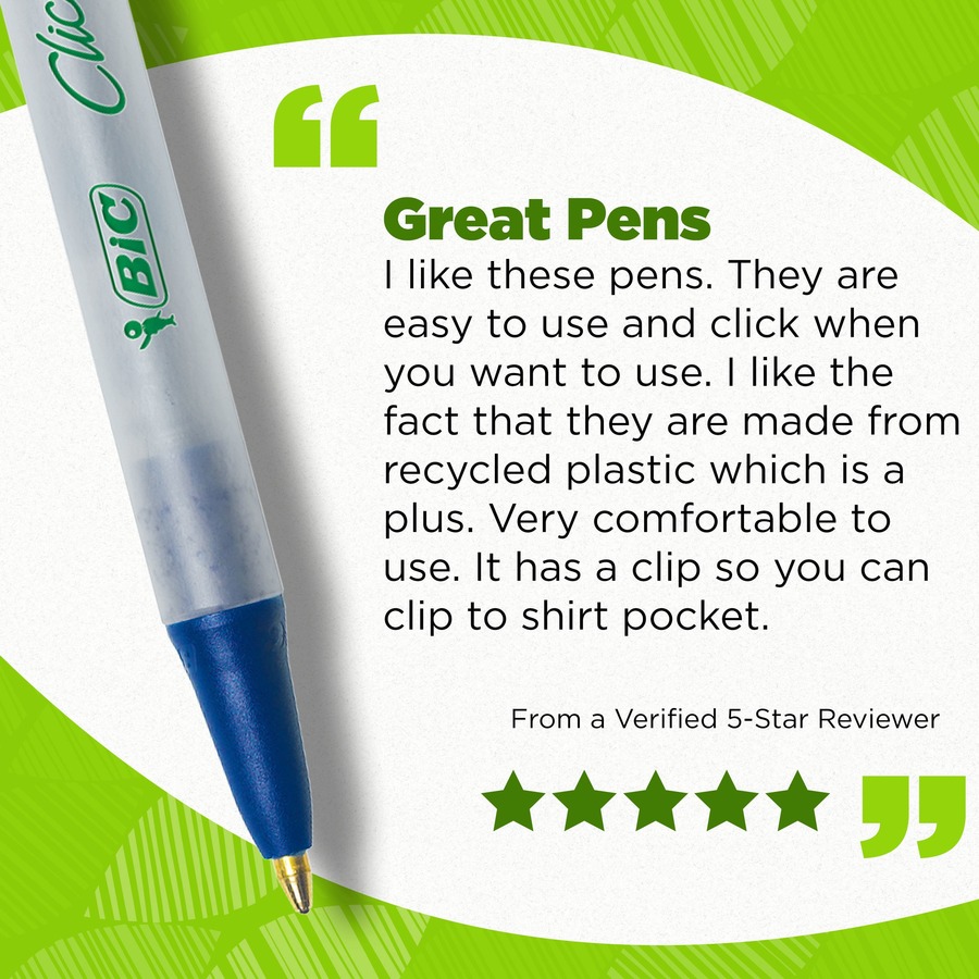 BIC Ecolutions Clic Stic Ballpoint Pen - Medium Pen Point - 1 mm Pen Point Size - Retractable - Blue - Semi Clear Barrel - 10 Pack - Ballpoint Retractable Pens - BICCSEM10BLU