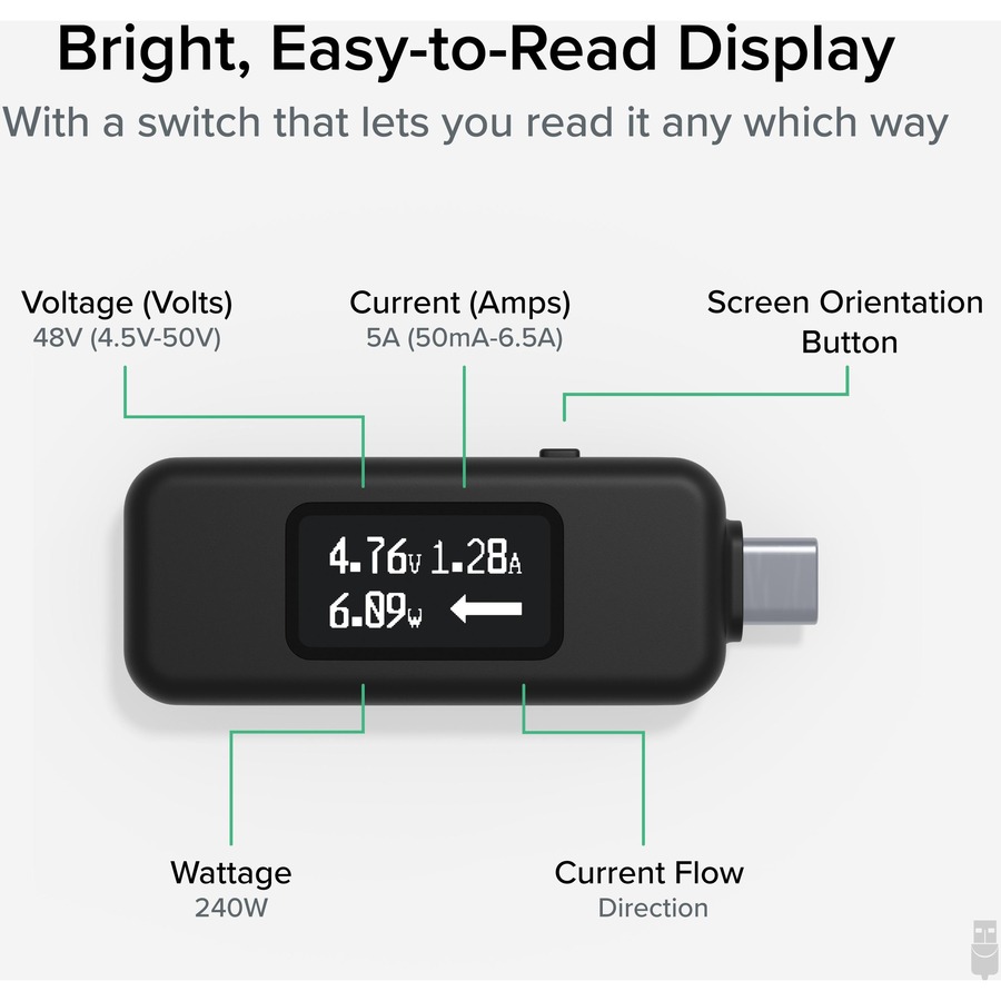 Plugable USB C Power Meter Tester for Monitoring USB-C Connections up to 240W - Digital Multimeter Tester for USB-C Cables, Laptops, Phones and Chargers