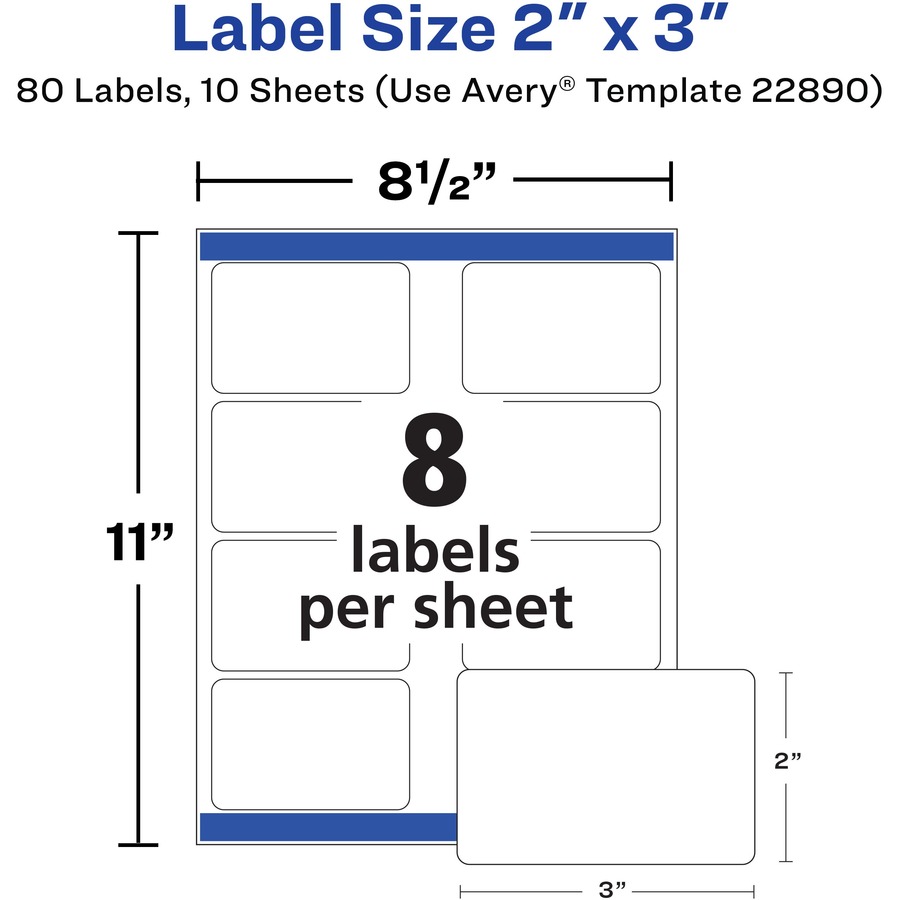 Avery® Glossy White Labels, 2" x 3" , 80 Labels (22890) - 2" Height x 3" Width - Permanent Adhesive - Rectangle - Gloss White - 8 / Sheet - 80 / Pack - Jam-free, Stick & Stay, Smudge Proof, Foldable