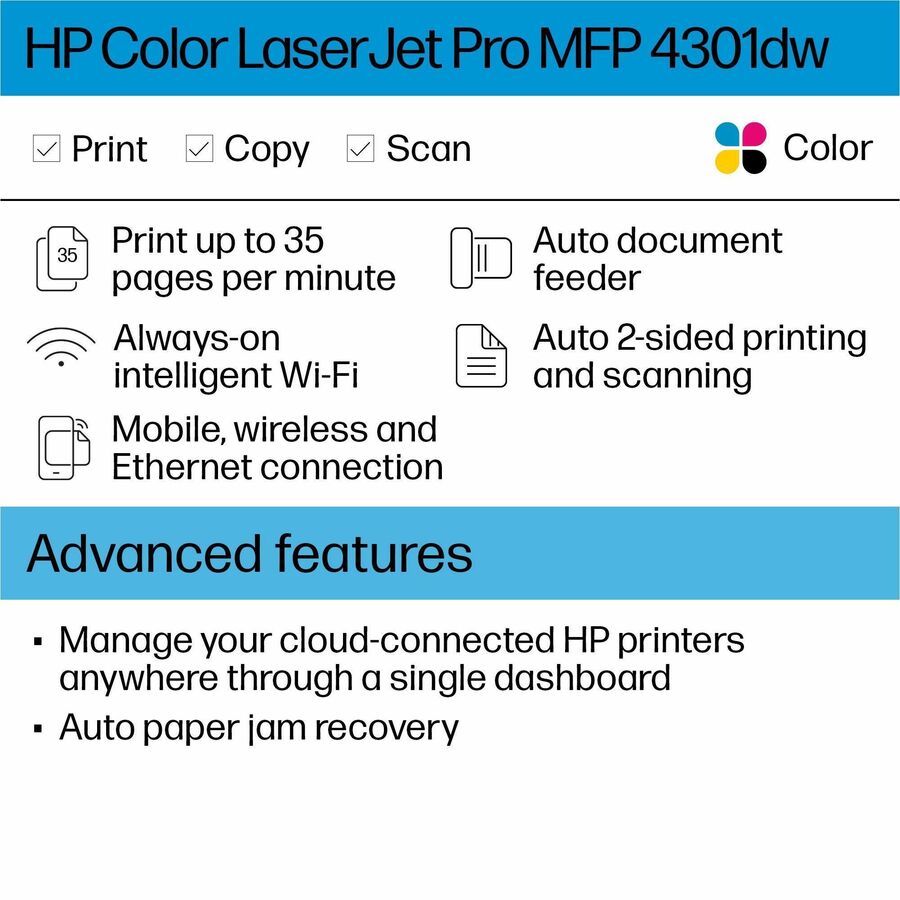 HP LaserJet Pro 4301dw Wireless Laser Multifunction Printer - Color