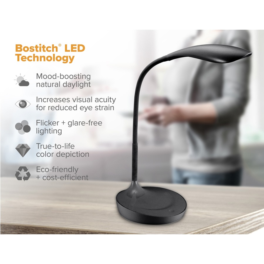 Bostitch Konnect Gooseneck LED Desk Lamp - LED Bulb - Gooseneck, Adjustable Brightness, Touch Sensitive Control Panel, Dimmable, Eco-friendly, Flexible Neck, Glare-free Light, USB Charging, Flicker-free - Desk Mountable - Black - for Desk, Office, Tablet,