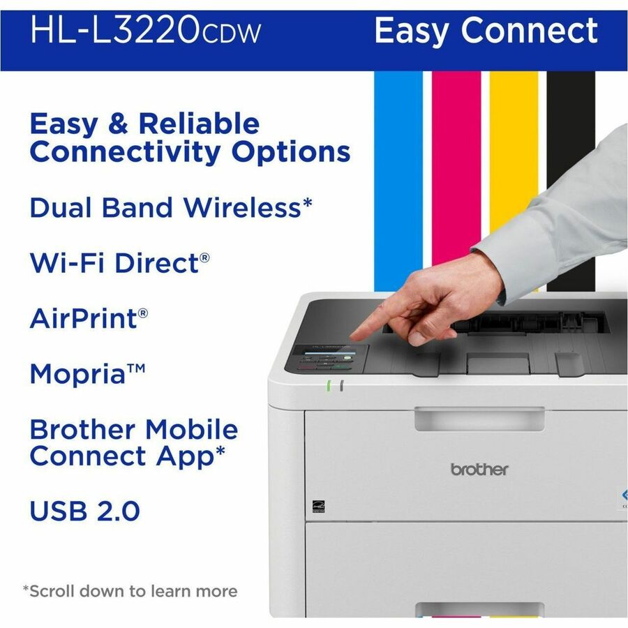 Brother HL-L3220CDW Wireless Compact Digital Color Printer with Laser Quality Output, Duplex and Mobile Device Printing - Printer - 19 ppm Mono/19 ppm Color Print - 2400 x 600 dpi class - Hi-Speed USB 2.0