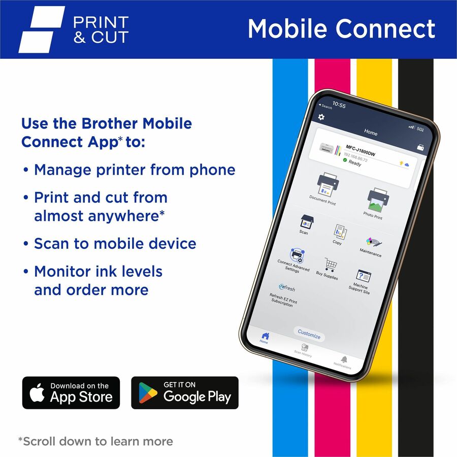 Brother MFC-J1800DW Wireless Inkjet Multifunction Printer - Color - Copier/Fax/Printer/Scanner - 6000 x 1200 dpi Print - Automatic Duplex Print - Color Flatbed Scanner - 1200 x 600 dpi Optical Scan - Wireless LAN - Wi-Fi Direct, Brother Mobile Connect, Ap