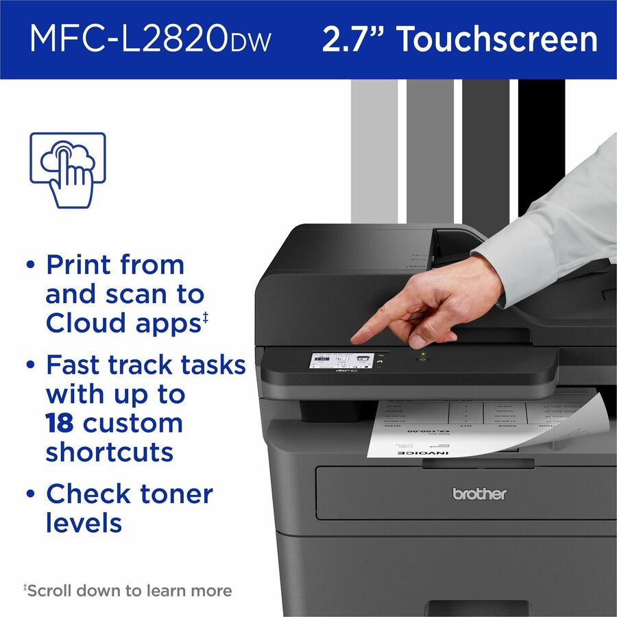 Brother Wireless MFC-L2820DW Compact Monochrome All-in-One Laser Printer with Copy, Scan and Fax, Duplex and Mobile Printing - Copier/Fax/Printer/Scanner - 34 ppm Mono Print - 1200 x 1200 dpi Print - Automatic Duplex Print - 1 x Input Tray 250 Sheet, 1 x 