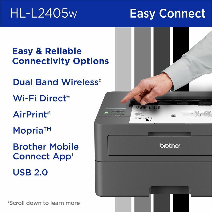 Brother Wireless HL-L2405W Compact Monochrome Laser Printer, Mobile Printing - Printer - 30 ppm Mono Print - 1200 x 1200 dpi Print - 1 x Input Tray 250 Sheet, 1 x Manual Feed Slot 1 Sheet, 1x Output Bin 100 Sheet - Wireless LAN - Hi-Speed USB 2.0 - Mopria