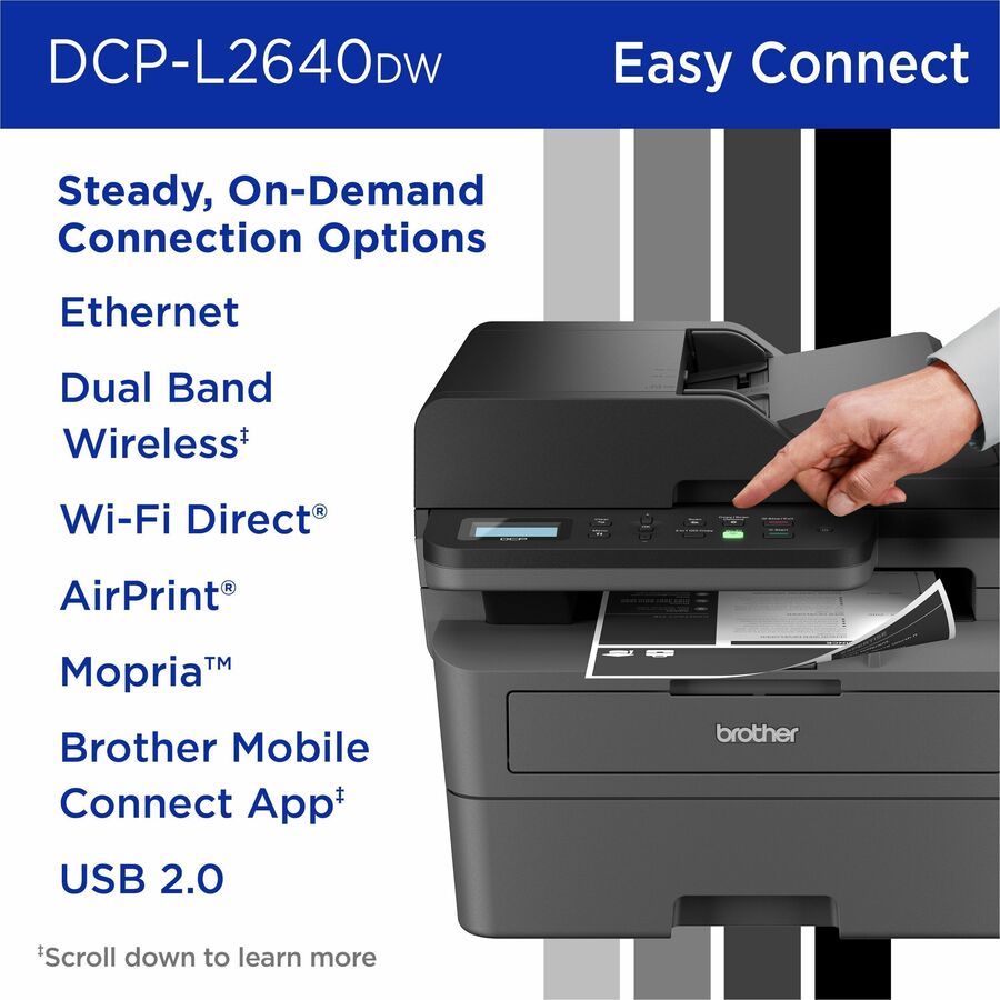 Brother Wireless DCP-L2640DW Compact Monochrome Multi-Function Laser Printer with Print, Copy and Scan, Duplex and Mobile Printing - Copier/Printer/Scanner - 36 ppm Mono Print - 1200 x 1200 dpi Print - Automatic Duplex Print - 1 x Input Tray 250 Sheet, 1 