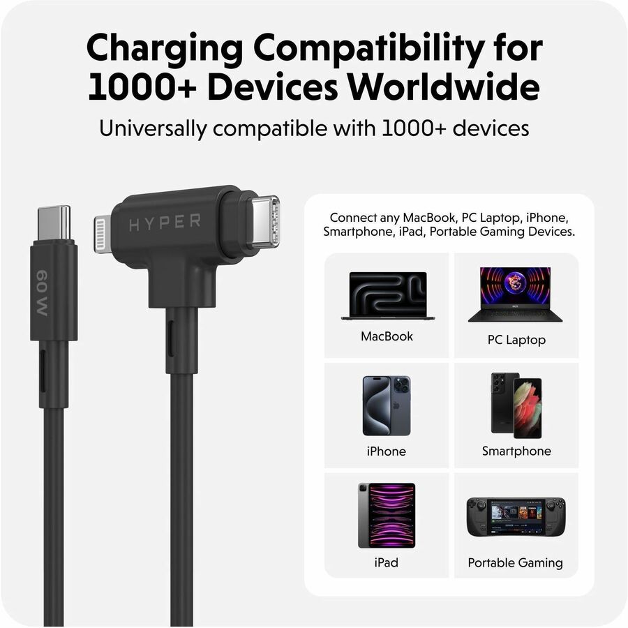Hyper HyperJuice USB-C and Lightning Hybrid Silicone Cable (1.5m/5ft) - Black