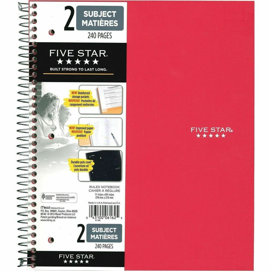 Five Star Wirebound, 2-Subject Notebook, 11" X 10-5/16" , 120Sheets